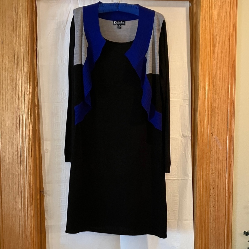 Women’s K Studio Sz M Color Block Jacketed Sweater Dress-Black w/grey/blue/black